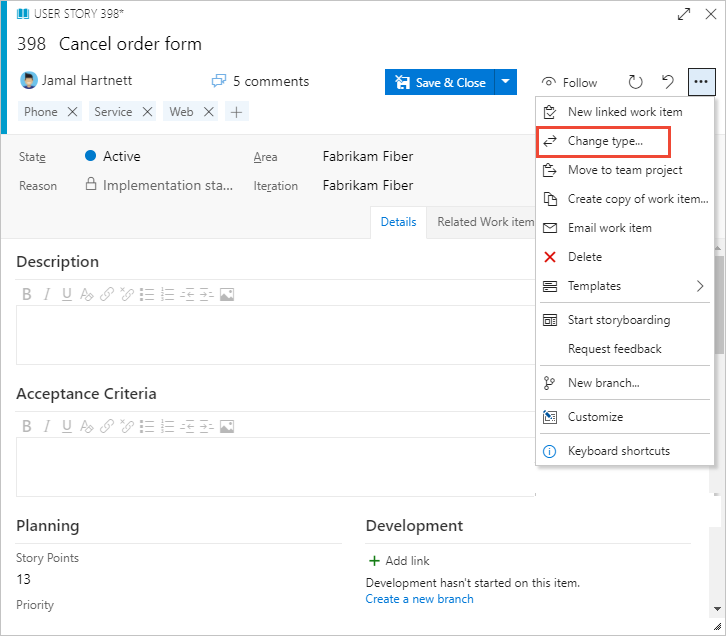 Work item form, Change work item type menu option