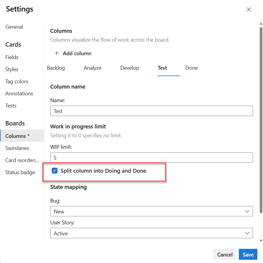 Screenshot of Kanban board settings page, Split columns.