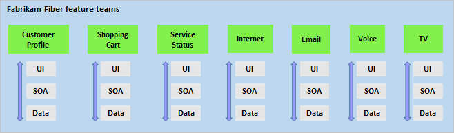 Chart showing seven feature teams: Shopping cart, Customer profile, Service status, Email, Voice, Internet, and TV