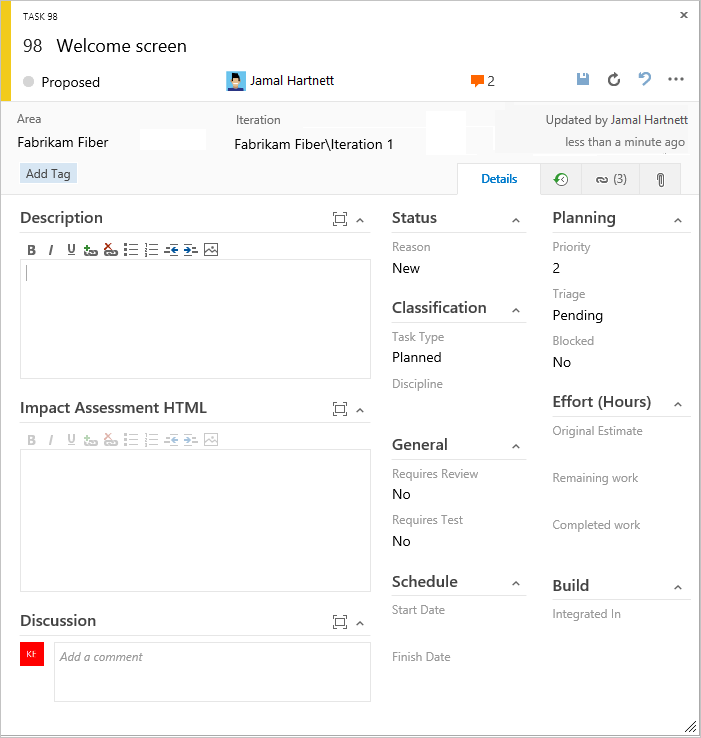 Screenshot of CMMI Task work item form