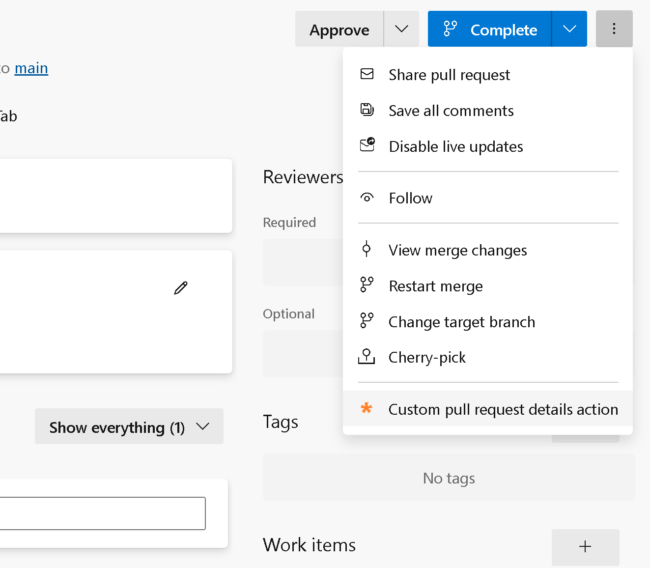 Screenshot of the Git pull request actions menu.