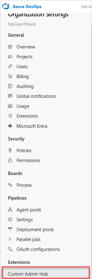 Screenshot of a custom hub in organization settings.