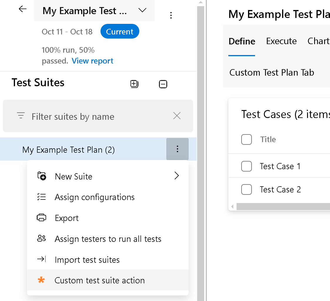 Screenshot of the test plans suites context menu.