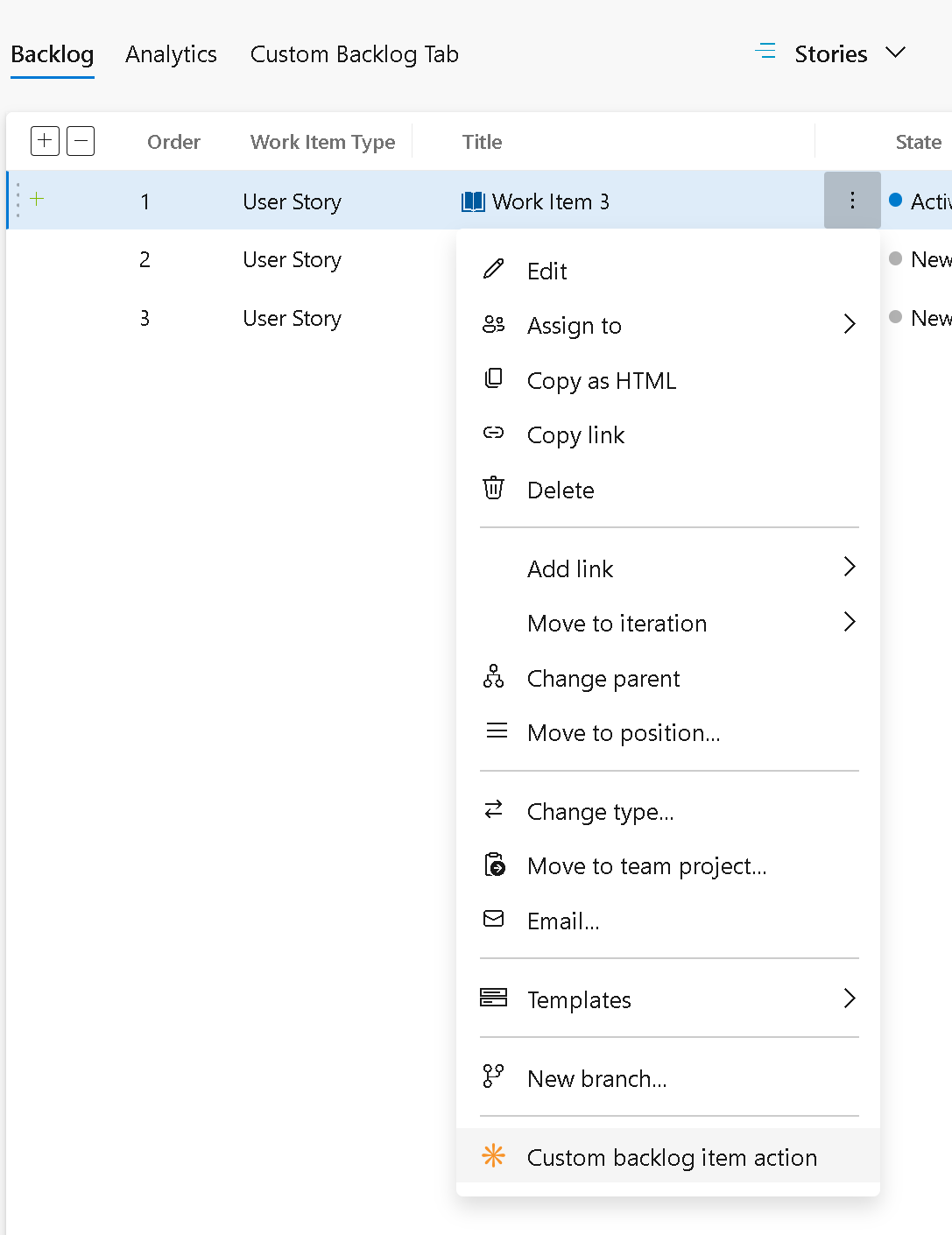 Screenshot of custom actions in the backlog item menu.