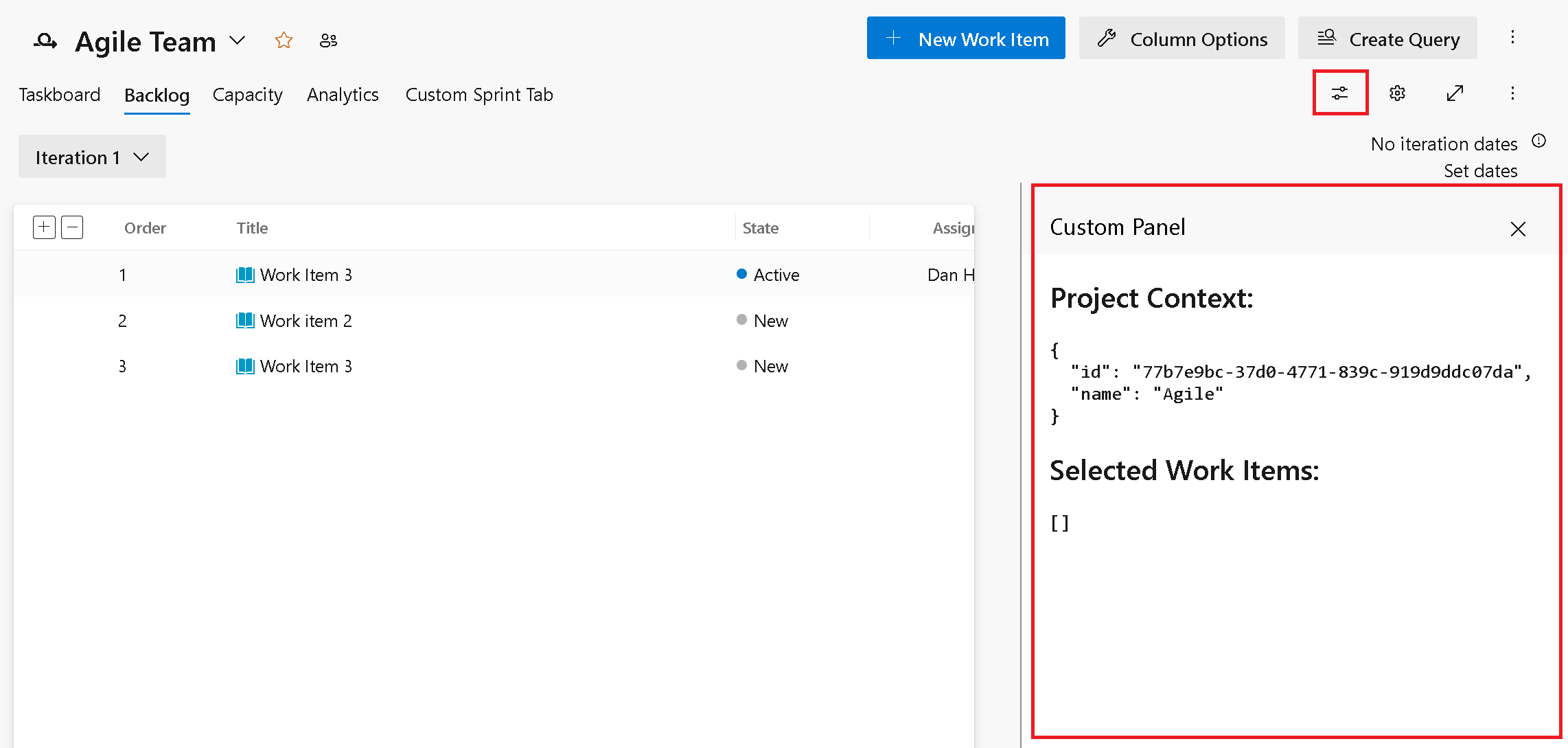 Screenshot of a custom pane on the iteration backlog.