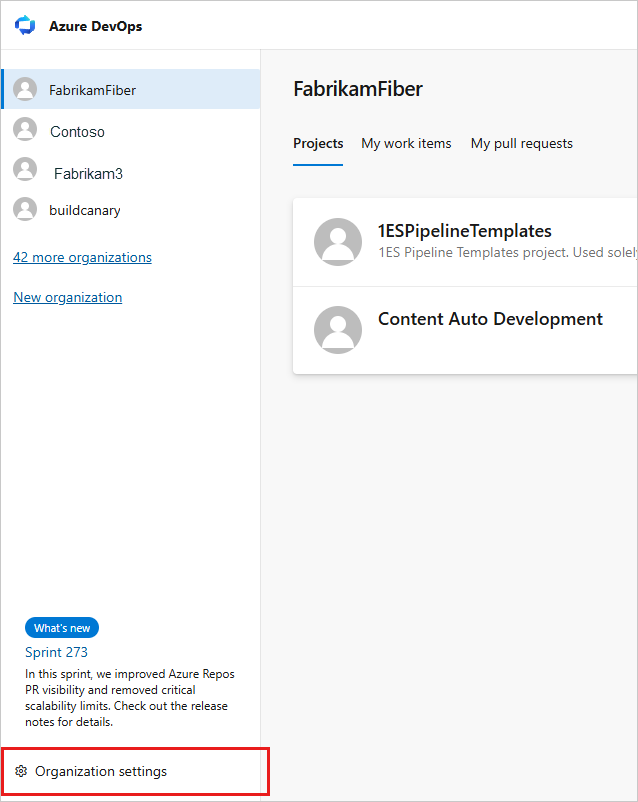 Screenshot of highlighted Organization settings button.