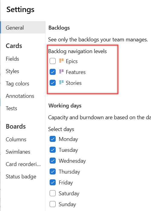 Team settings dialog, Backlogs tab