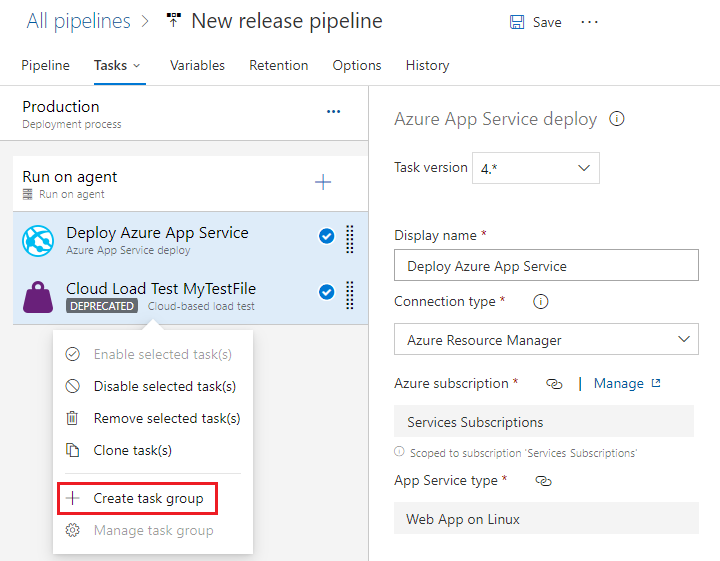 Creating a task group from a release pipeline list of tasks