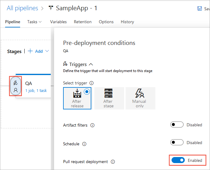 A screenshot showing pull request deployment trigger.