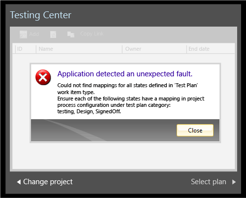 ALM_UPG_TestCenterFaultError Application fault error message after TFS upgrade