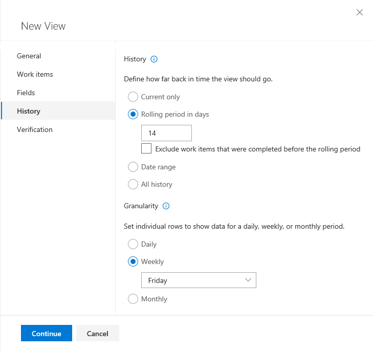 History tab, choose history and granularity options