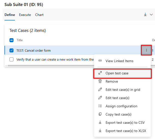 Screenshot showing a test case with its context menu with Open test case selected.