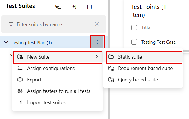 Screenshot shows creating a static test suite from the More options menu.
