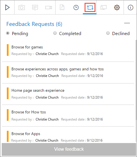 Screenshot of the Feedback requests list in Test & Feedback showing feedback requests for the connected project or team.