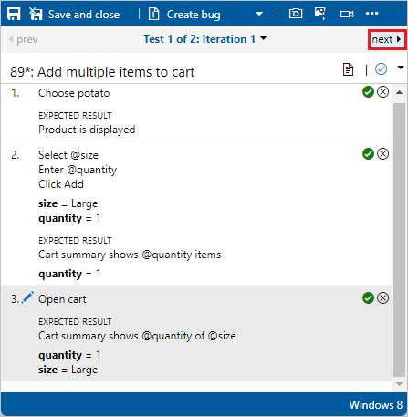 Screenshot shows going on to the next iteration of the test.