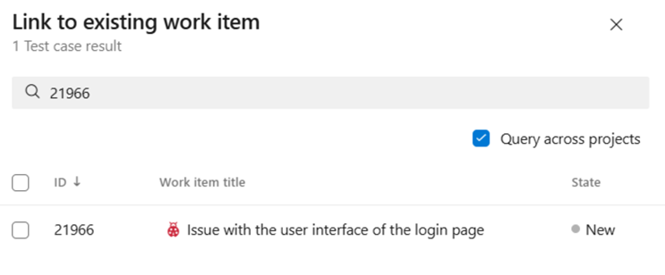 Screenshot showing the Query across projects option enabled in the work item linking dialog.