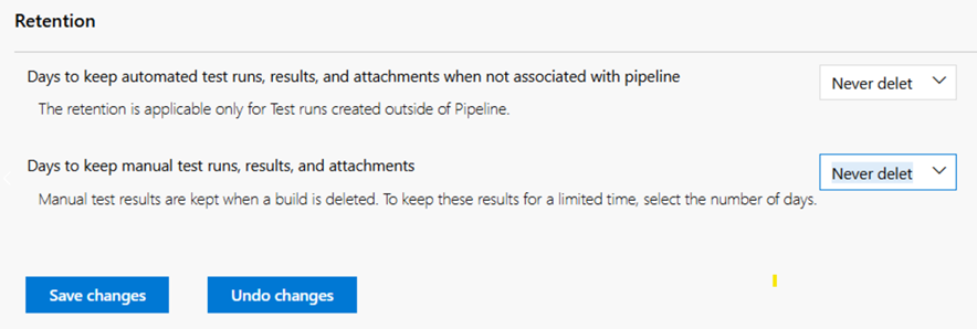 Screenshot showing the Never delete option in the Test Retention settings.