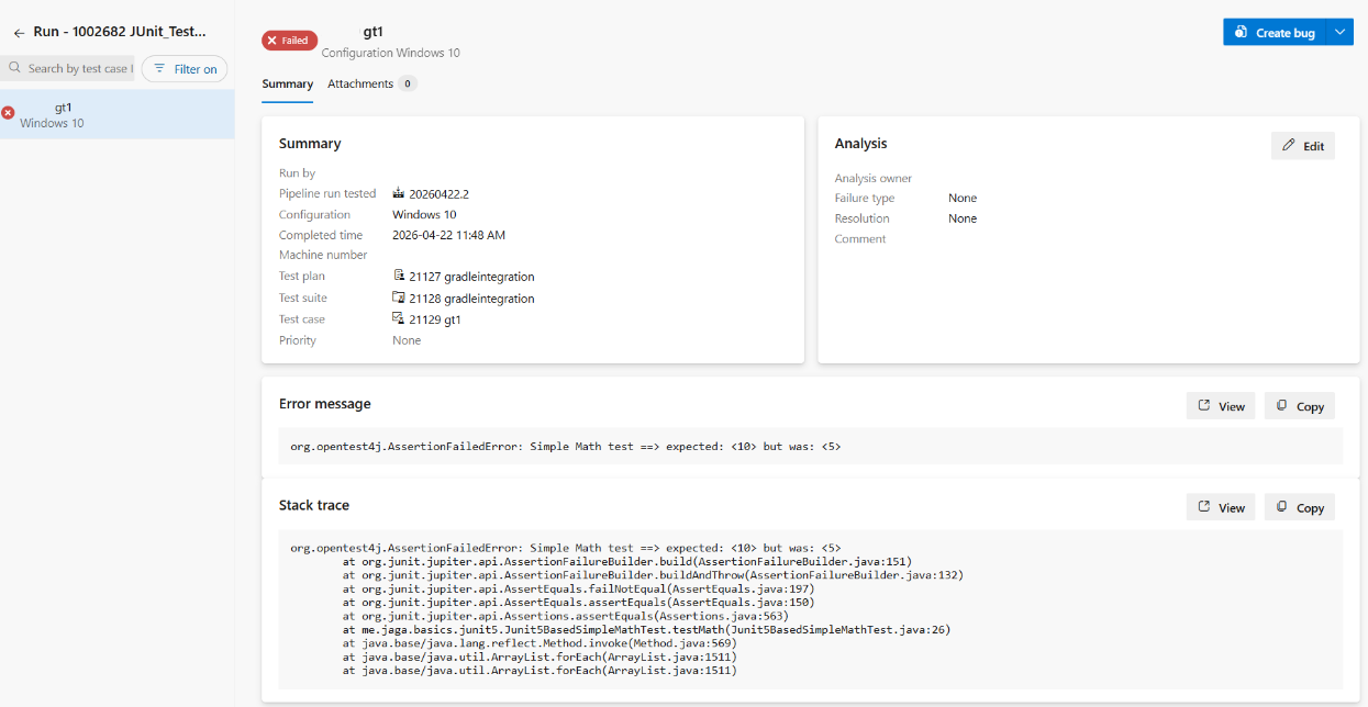 Screenshot showing the enhanced stack trace view for an automated test run result.
