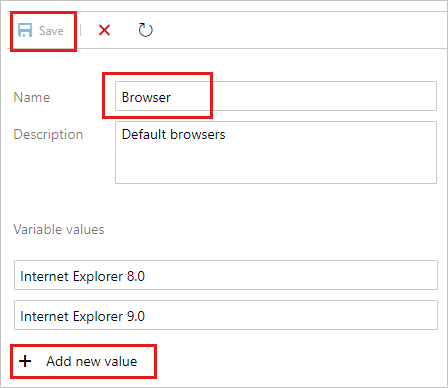 Screenshot of adding values to a new configuration variable.