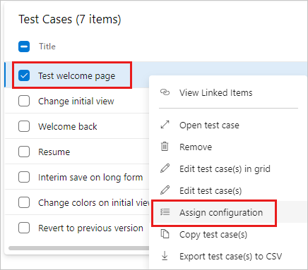 Screenshot of the Assign configuration menu option for a test suite.
