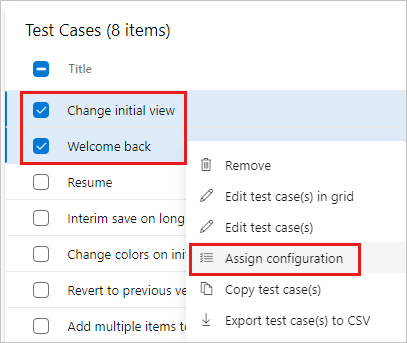 Screenshot of assigning a configuration to test cases.