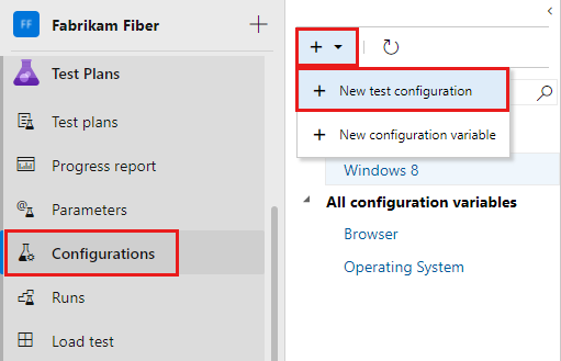 Screenshot of the New test configuration option in the New menu.