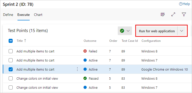 Screenshot of a test with a specific configuration and the Run for web application option selected.