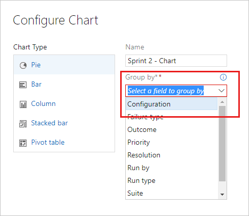 Screenshot of choosing a configuration option for group by in the configure chart dialog box.