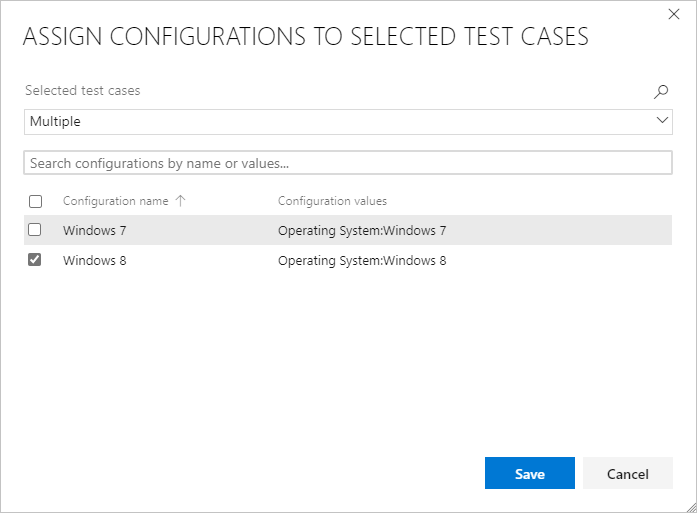 Screenshot of selecting configurations for a test case.