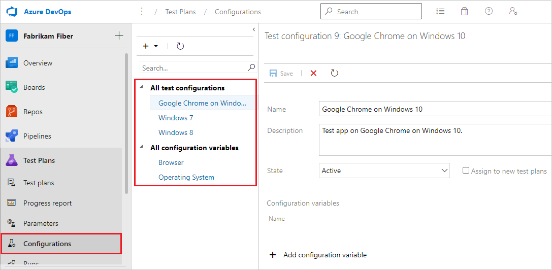 Screenshot of the Configurations page showing test configurations and variables.