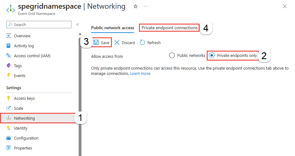Screenshot that shows the Networking page of an existing namespace with Private endpoints only option selected.
