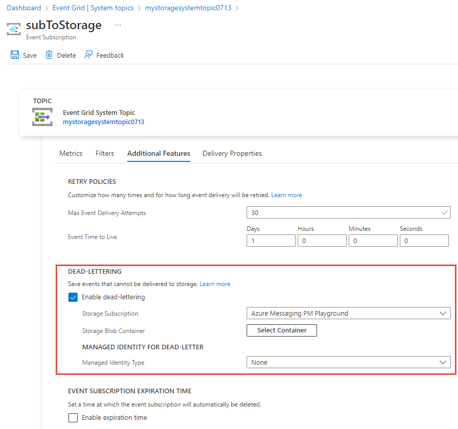 Screenshot showing the dead-letter configuration of an existing event subscription.