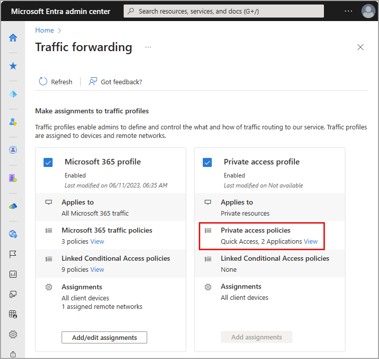 Screenshot of the Private Access profile, with the view applications link highlighted.