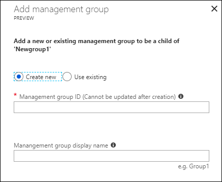 Screenshot of the 'Add management group' options for creating a new management group.