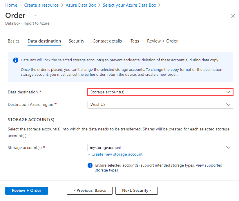 Screenshot of the Data Destination tab for a Data Box order with a Storage Accounts destination. The Storage Accounts storage destination is highlighted.