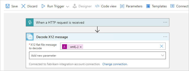 Screenshot showing Consumption workflow, action named Decode X12 message, and action properties.