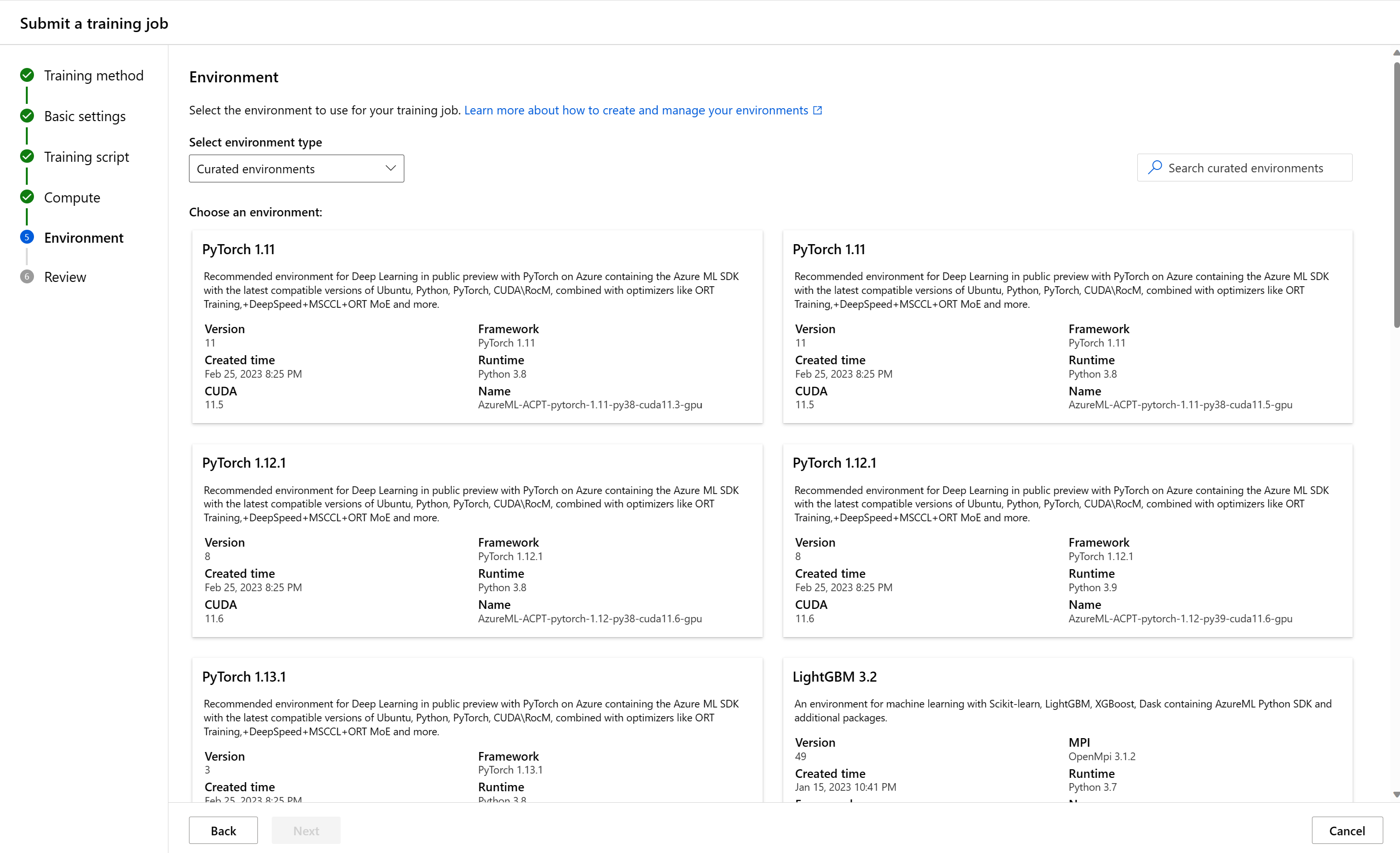 Image of curated environments selector page showing various environment cards.