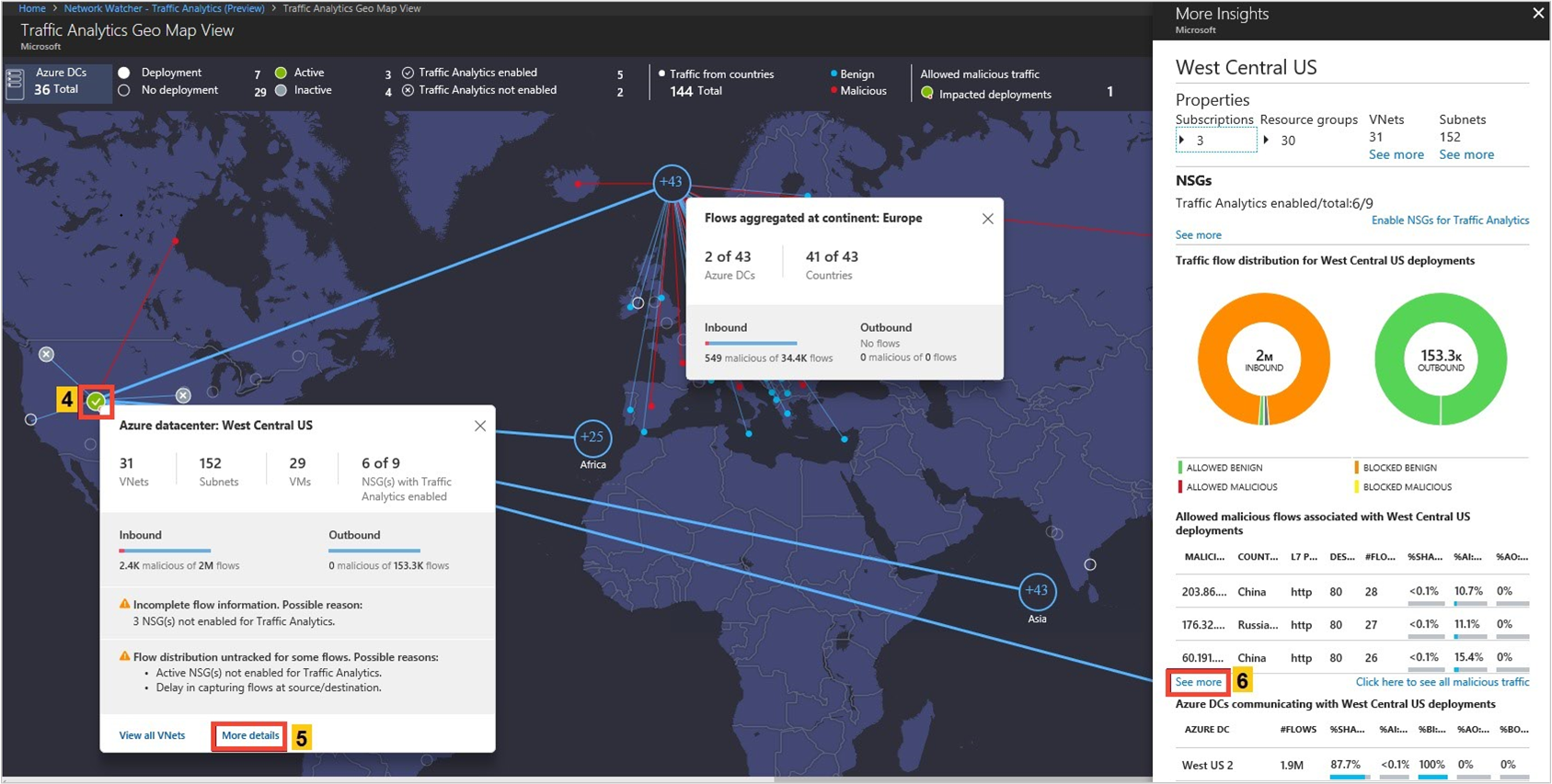 Screenshot of geo map view showcasing traffic distribution to countries/regions and continents.