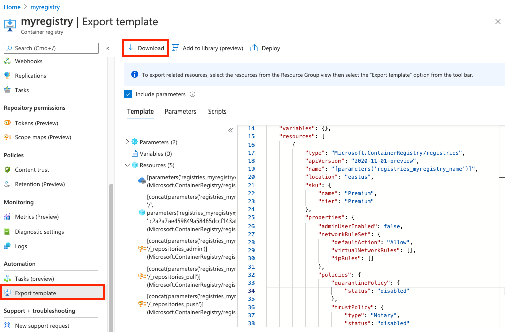 Screenshot of export template for container registry.