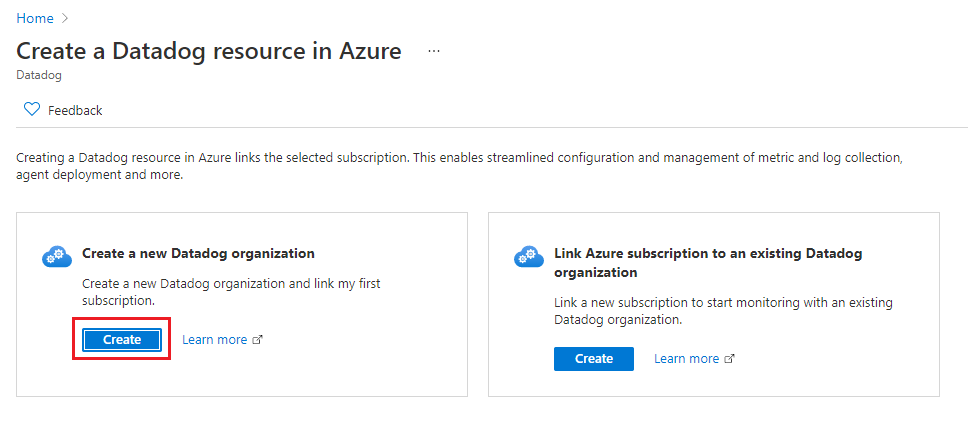 Screenshot of the create or link a Datadog organization.