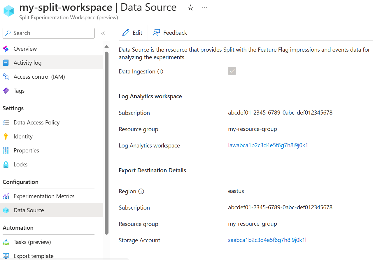 Screenshot of the Azure portal showing the data source used for the experimentation.