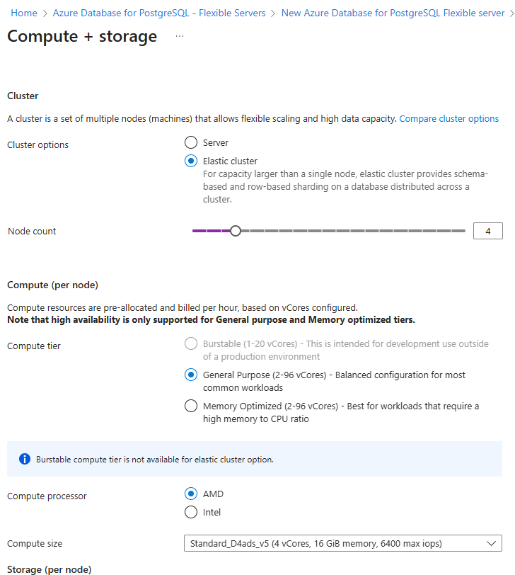 Screenshot of Compute + storage configuration with elastic clusters. Elastic cluster is selected. Node count input box has a value of 4. Compute tier and size options are visible.