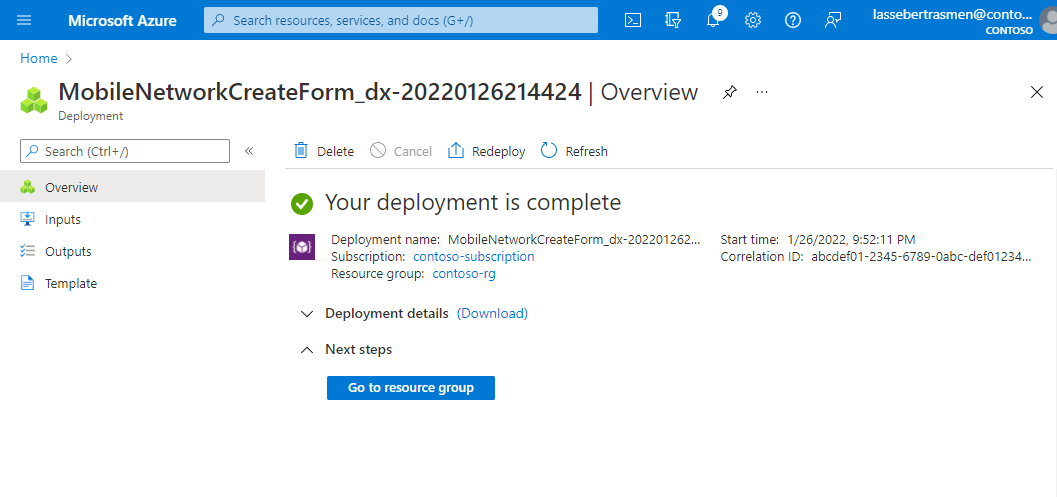 Screenshot of the Azure portal. It shows confirmation of the successful creation of a private mobile network.