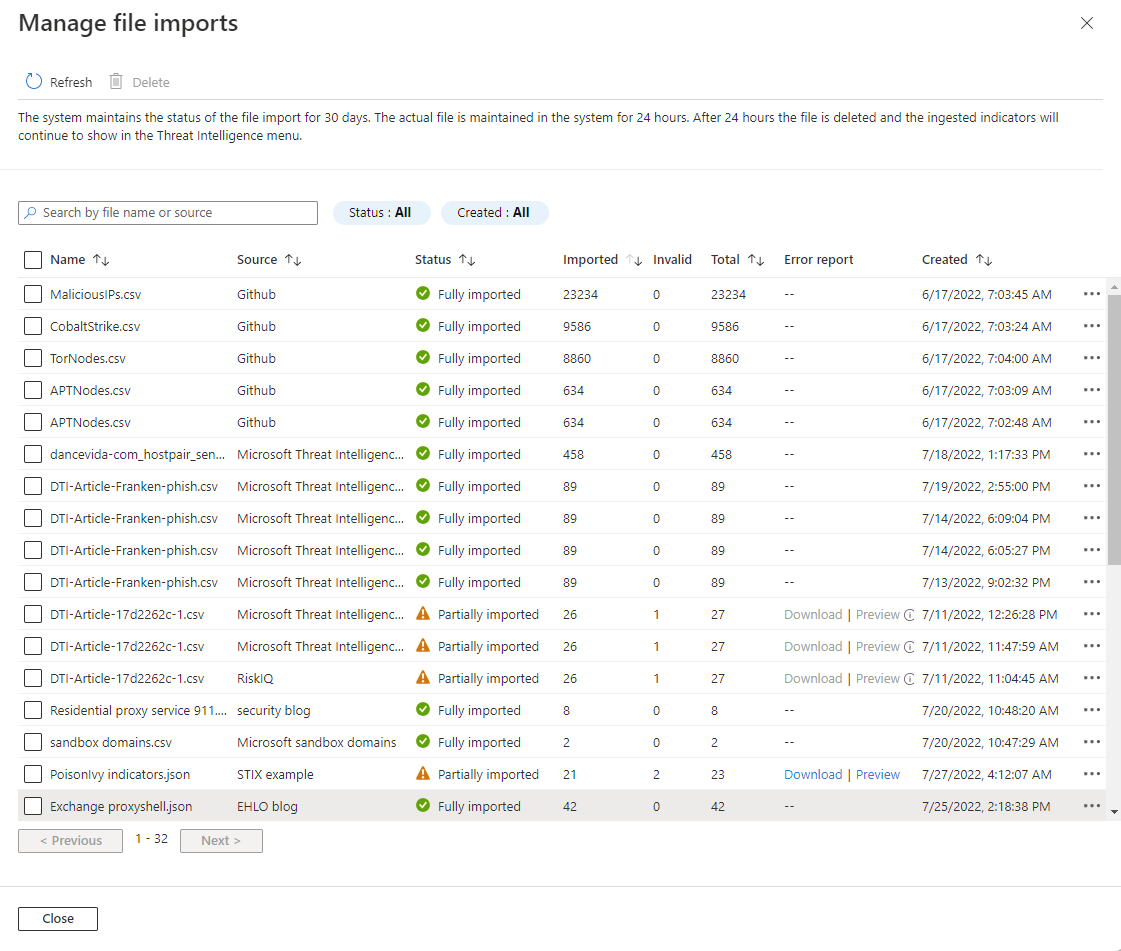 Screenshot of the manage file imports pane with example ingestion data. The columns show sorted by imported number with various sources.