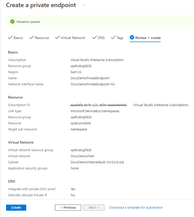Screenshot showing the Review and Create page of the Create private endpoint wizard.