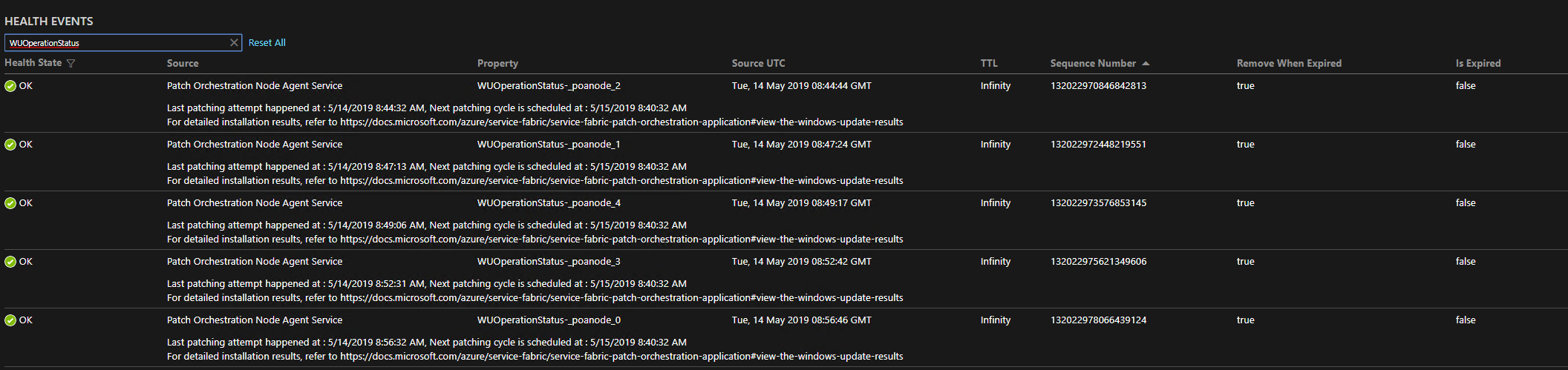 Screenshot shows console window of Windows Update operation status with the NodeAgentService.