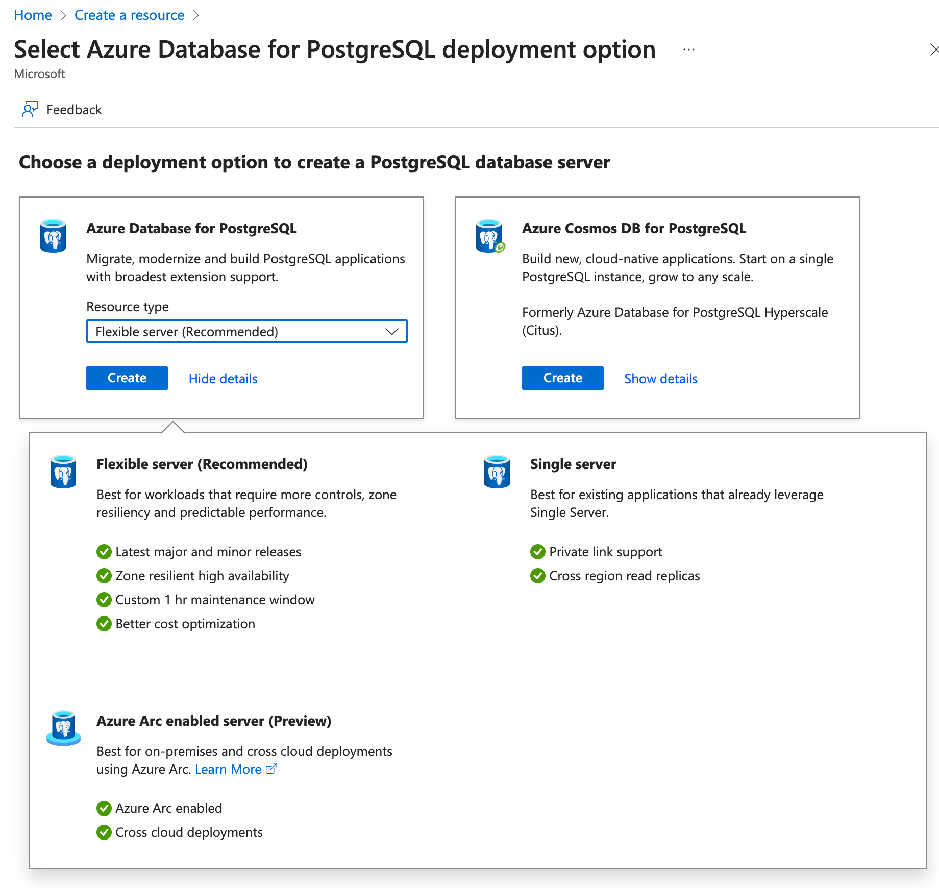 Screenshot of the Azure portal that shows the Select Azure Database for PostgreSQL deployment option page.