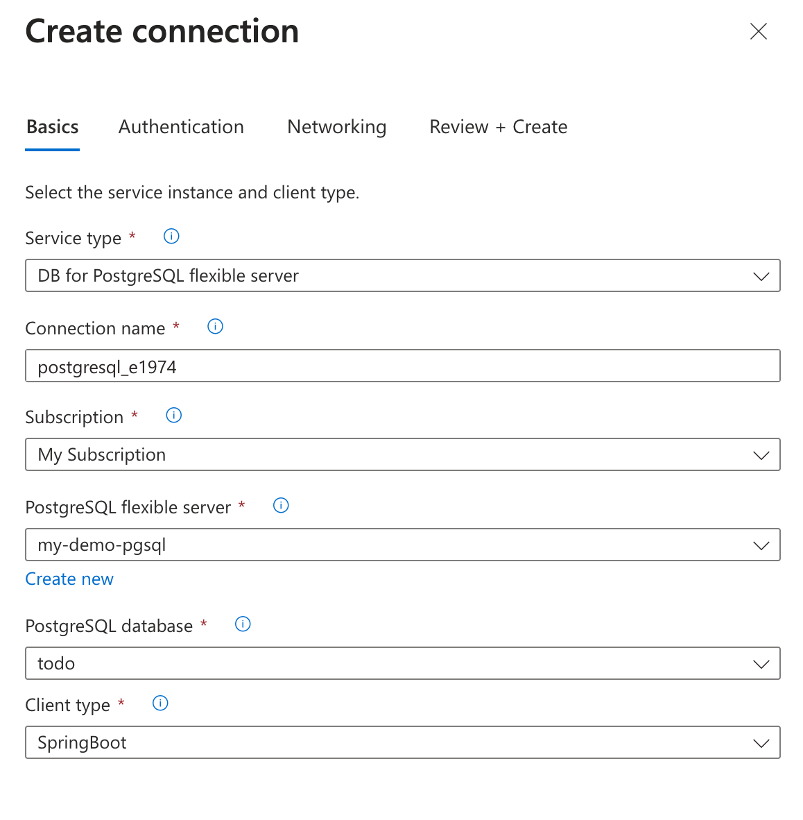 Screenshot of the Azure portal that shows the Basics tab of the Created connection pane for connecting to PostgreSQL.