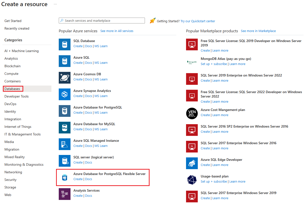 Screenshot of the Azure portal that shows the Create a resource page with Azure Database for PostgreSQL highlighted.