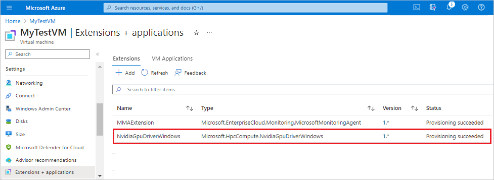 Screenshot that shows the NVIDIA GPU Driver Extension in the list of extensions for the virtual machine in the Azure portal.